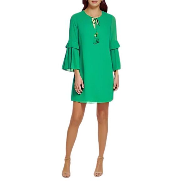 NWT Vince Camuto Chiffon Pleated Bell Sleeve Shift Dress In Apple Green - Picture 1 of 3
